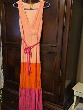 Flying Tomato Peach, Orange & Fuchsia Colorblock Maxi Dress with Rope Belt